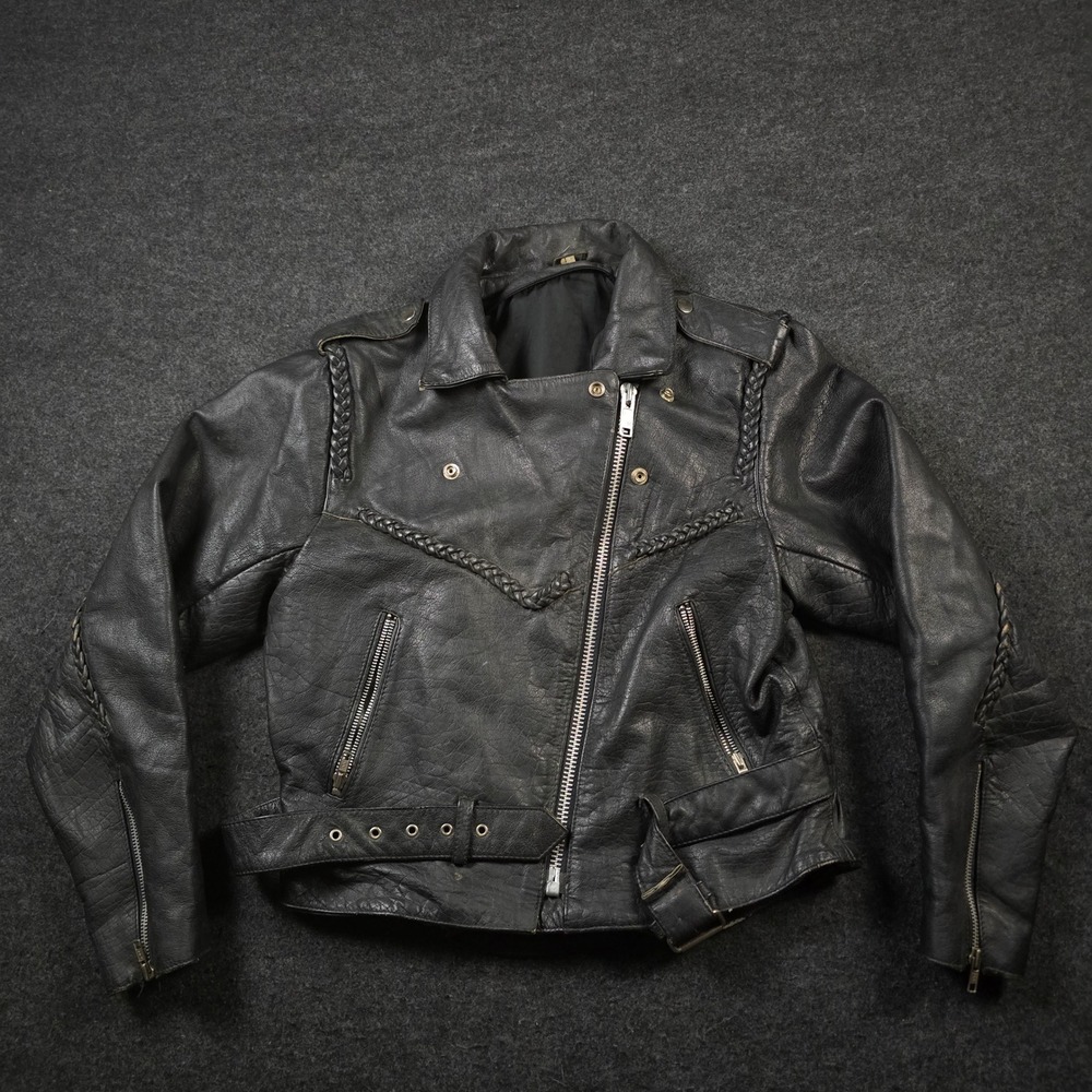Vtg Black Braided Leather Biker Jacket Belted Asymmetrical Zip 80s 90s Size 12